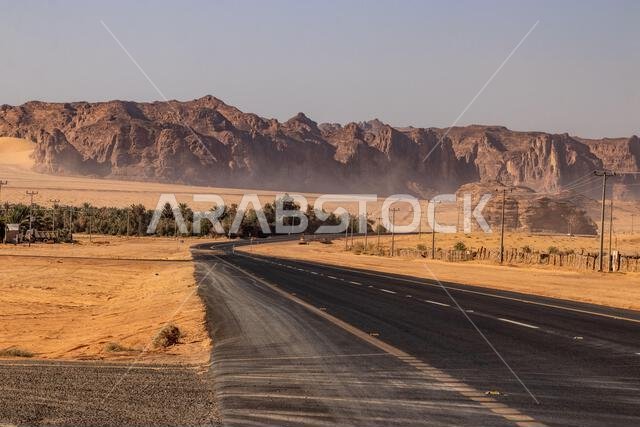 Road 70 through desert near Al Ula, Saudi Arabia Road 70 through desert near Al Ula, Saudi Arabia