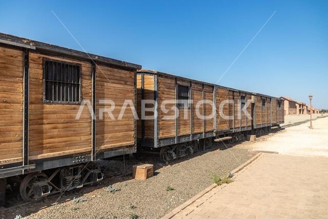 Wagons at the train station of former Hejaz (Hijaz) Railway near Al Ula, Saudi Arabia Wagons at the train station of former Hejaz (Hijaz) Railway near Al Ula, Saudi Arabia