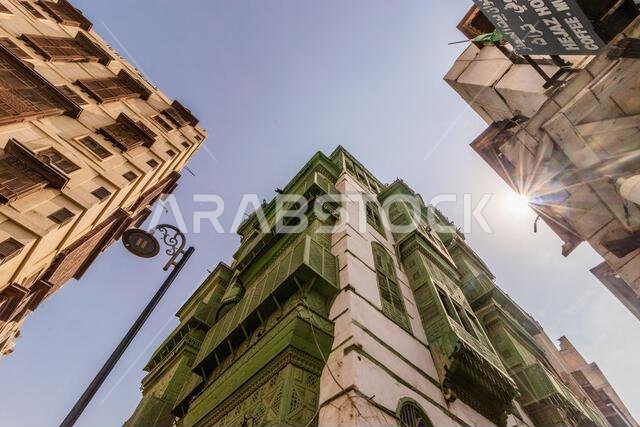 JEDDAH, SAUDI ARABIA - NOVEMBER 15, 2021: Traditional houses in Al Balad,  historic center of Jeddah, Saudi Arabia