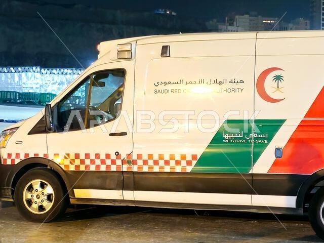 Mecca, Saudi Arabia, June 9 2024: an equipped ambulance of Saudi Arabia red crescent authority, medical team ready to rescue and deal with emergency c