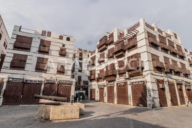JEDDAH, SAUDI ARABIA - NOVEMBER 15, 2021: Traditional houses in Al Balad,  historic center of Jeddah, Saudi Arabia