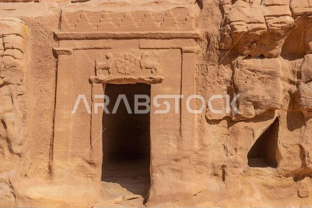 Rock cut tomb 37 (Lion tomb) in Jabal Al Banat hill at Hegra (Mada'in Salih) site near Al Ula, Saudi Arabia