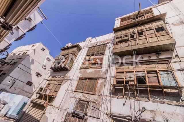 Traditional houses in Al Balad,  historic center of Jeddah, Saudi Arabia