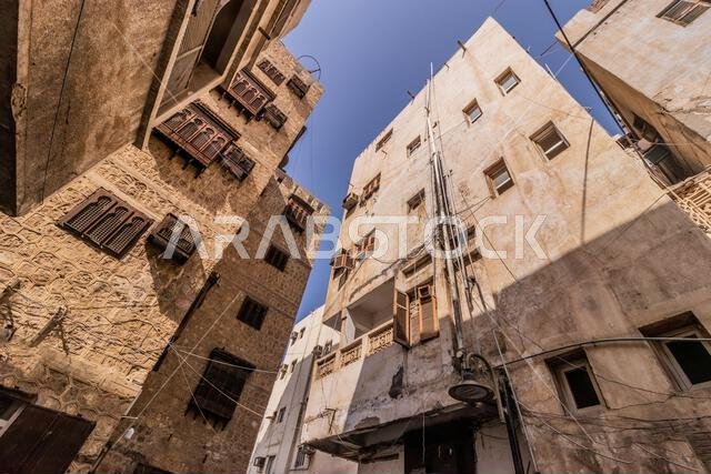 Traditional houses in Al Balad,  historic center of Jeddah, Saudi Arabia