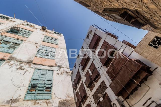 Traditional houses in Al Balad,  historic center of Jeddah, Saudi Arabia
