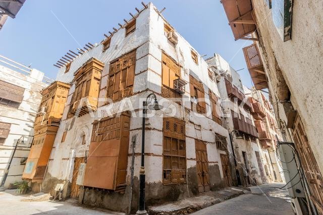 Traditional houses in Al Balad,  historic center of Jeddah, Saudi Arabia