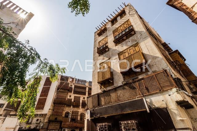 Traditional houses in Al Balad,  historic center of Jeddah, Saudi Arabia