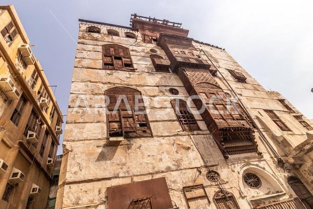 Traditional houses in Al Balad,  historic center of Jeddah, Saudi Arabia