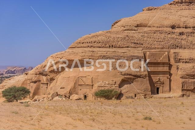 Rock cut tombs in Jabal Al Banat hill at Hegra (Mada'in Salih) site near Al Ula, Saudi Arabia