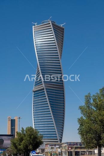 Majdoul Tower, Al majdoul tower, Twisted tower at aftenoon streets in capital city. Riyadh Saudi Arabia