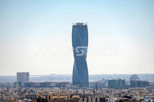Majdoul Tower, Al majdoul tower, Twisted tower at aftenoon streets in capital city. Riyadh Saudi