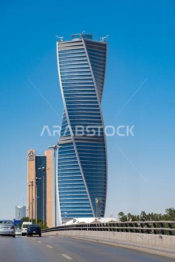 Majdoul Tower, Al majdoul tower, Twisted tower at aftenoon streets in capital city. Riyadh Saudi
