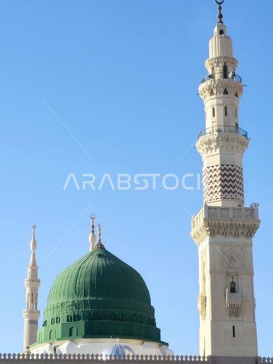 The Minaret and the Green dome of The Prophet's Mosque or Al Masjid Al Nabawi, a major site of pilgrimage that falls under the purview of the Custodia