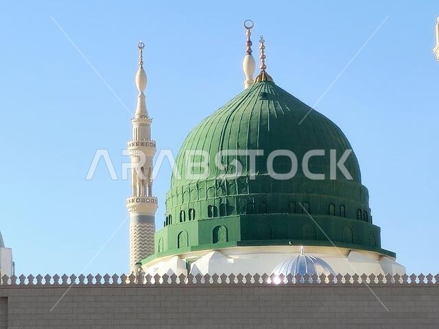 The Minaret and the Green dome of The Prophet's Mosque or Al Masjid Al Nabawi, a major site of pilgrimage that falls under the purview of the Custodia