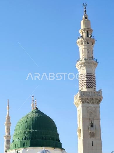 The Minaret and the Green dome of The Prophet's Mosque or Al Masjid Al Nabawi, a major site of pilgrimage that falls under the purview of the Custodia