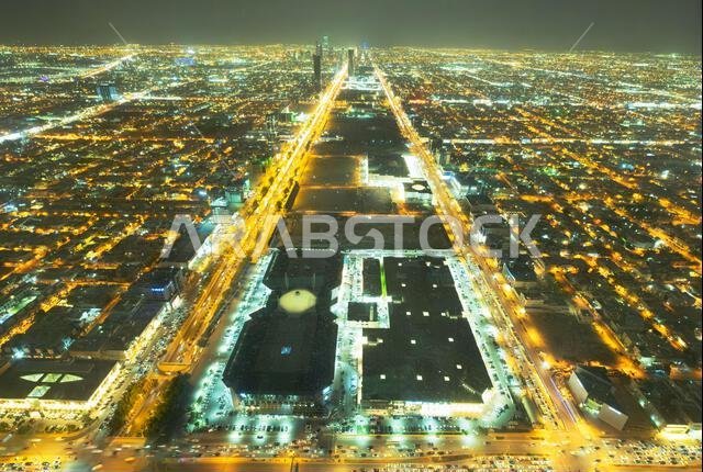 Riyadh city night skyline view from the top of Kingdom tower, skybridge. Saudi Arabia