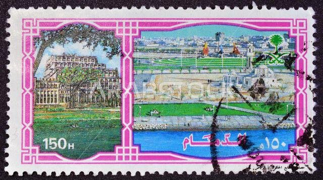 طابع بريدي ملغى مطبوع من قبل المملكة العربية السعودية، يظهر عليه مدينة الدمام، حوالي عام 1995. طابع بريدي ملغى مطبوع من قبل المملكة العربية السعودية، يظهر عليه مدينة الدمام، حوالي عام 1995.