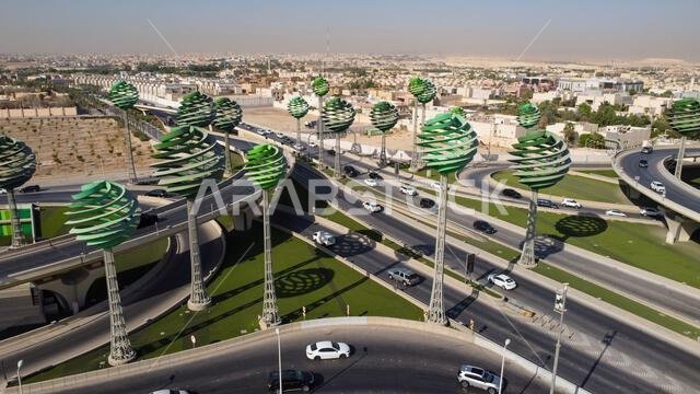 Riyadh City Saudi Arabia , Drone view of busy motorway The Green Field  KSA - Drones Photography