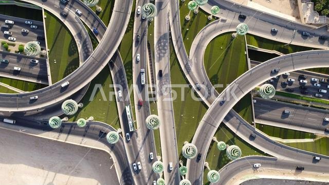 Riyadh City Saudi Arabia , Drone view of busy motorway The Green Field  KSA - Drones Photography