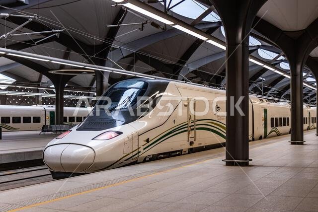 المدينة المنورة، المملكة العربية السعودية - 13 نوفمبر 2021: قطارات في محطة المدينة المنورة على خط سكة حديد الحرمين السريع، المملكة العربية السعودية المدينة المنورة، المملكة العربية السعودية - 13 نوفمبر 2021: قطارات في محطة المدينة المنورة على خط سكة حديد الحرمين السريع، المملكة العربية السعودية