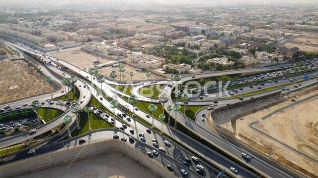 Riyadh City Saudi Arabia , Drone view of busy motorway The Green Field  KSA - Drones Photography