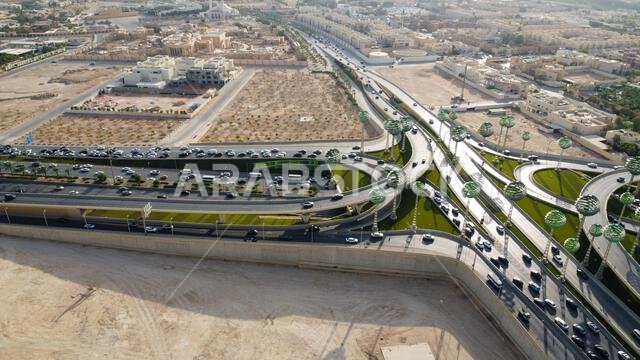 Riyadh City Saudi Arabia , Drone view of busy motorway The Green Field  KSA - Drones Photography