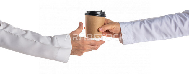 Portrait of a Saudi Arabian Gulf man carrying a cup of hot drinks, cafes and restaurants, food delivery service, food delivery, delivery service for food delivery, ordering and receiving delivery, home services