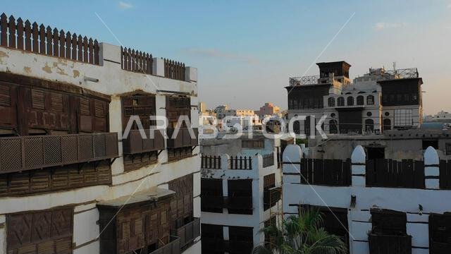 Aerial view of old houses with wooden mashrabiyas in al-Balad quarter, Mecca province, Jeddah, Saudi Arabia