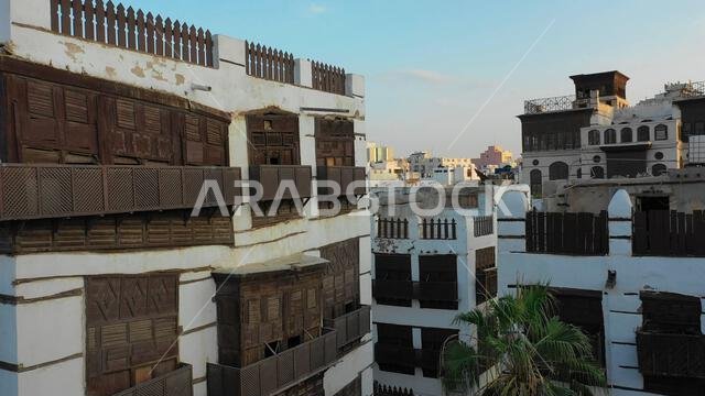 Aerial view of old houses with wooden mashrabiyas in al-Balad quarter, Mecca province, Jeddah, Saudi Arabia