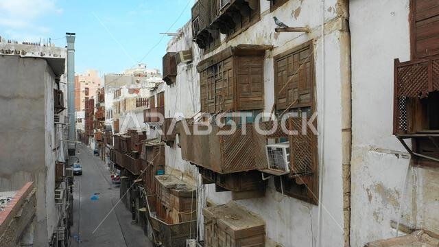 Aerial view of old houses with wooden mashrabiyas in al-Balad quarter, Mecca province, Jeddah, Saudi Arabia
