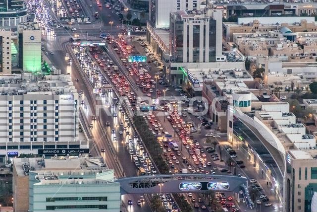 RIYADH, SAUDI ARABIA - DECEMBER 1, 2021: Aerial view of the King Fahd road in Riyadh, Saudi Arabia