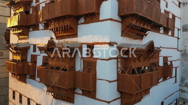 Aerial view of old houses with wooden mashrabiyas in al-Balad quarter, Mecca province, Jeddah, Saudi Arabia