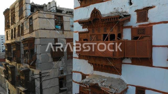 Aerial view of old houses with wooden mashrabiyas in al-Balad quarter, Mecca province, Jeddah, Saudi Arabia