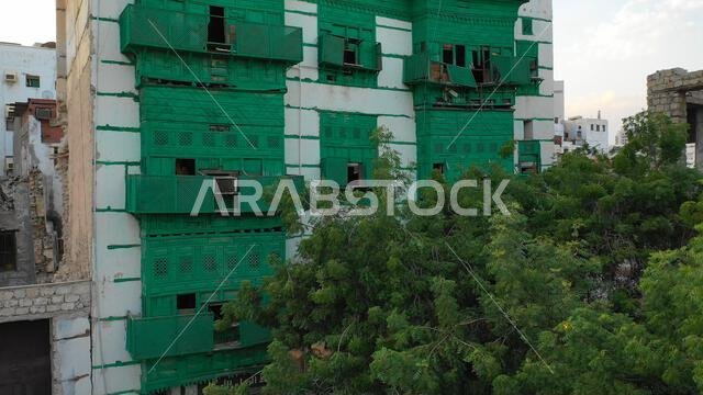 Aerial view of old houses with wooden mashrabiyas in al-Balad quarter, Mecca province, Jeddah, Saudi Arabia