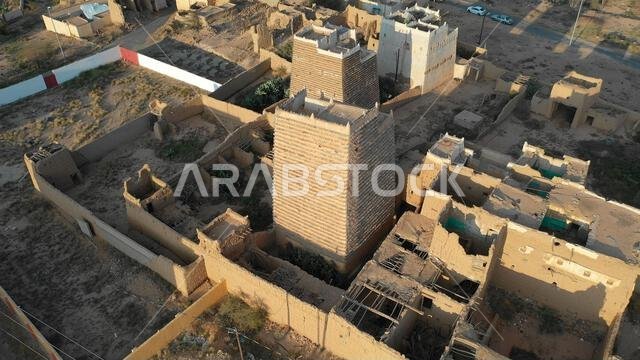 Aerial view of an old village with traditional mud houses, Asir province, Ahad Rufaidah, Saudi Arabia