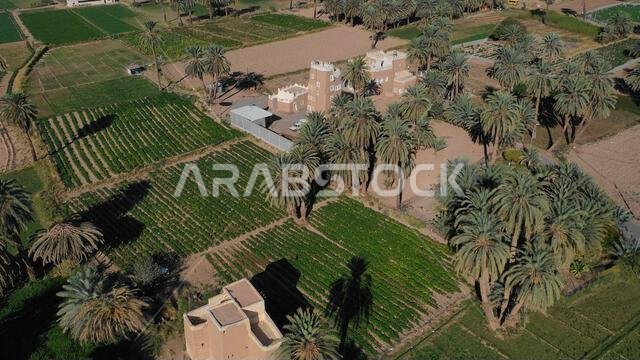 صورة جوية لقرية قديمة ذات بيوت طينية تقليدية، محافظة نجران، نجران، المملكة العربية السعودية