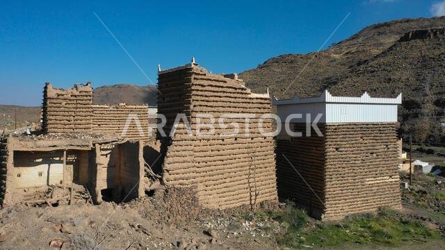 Aerial view of stone and mud houses with slates, Asir province, Sarat Abidah, Saudi Arabia