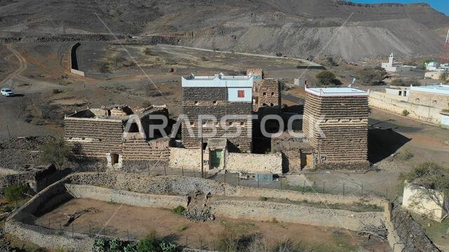 Aerial view of stone and mud houses with slates, Asir province, Sarat Abidah, Saudi Arabia