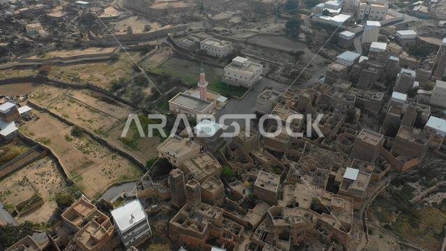 Aerial view of stone and mud houses with slates in al Khalaf village, Asir province, Sarat Abidah, Saudi Arabia
