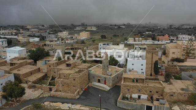 Aerial view of a mosque made of stones, Asir province, Tanomah, Saudi Arabia