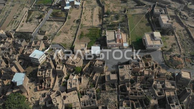 Aerial view of stone and mud houses with slates, Asir province, Sarat Abidah, Saudi Arabia
