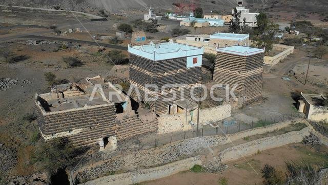 Aerial view of stone and mud houses with slates, Asir province, Sarat Abidah, Saudi Arabia