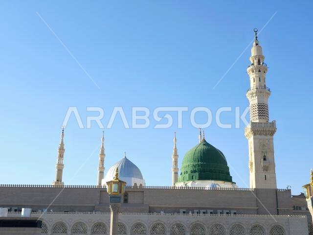 The Minaret and the Green dome of The Prophet's Mosque or Al Masjid Al Nabawi, a major site of pilgrimage that falls under the purview of the Custodia