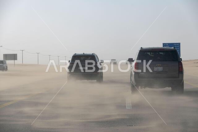 Sand storm in desert road Saudi Arabia