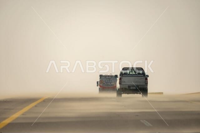 Sand storm in desert road Saudi Arabia