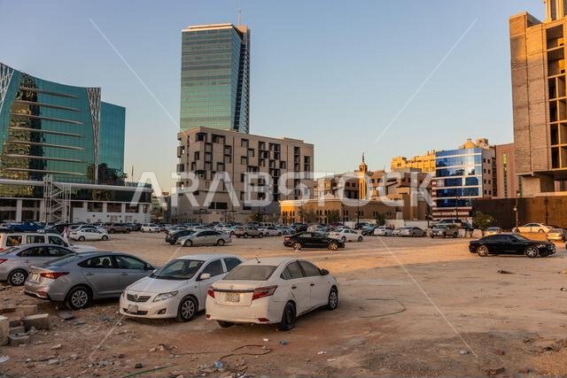 RIYADH, SAUDI ARABIA - NOVEMBER 30, 2021: Parking lot in Al Olaya neighborhood in Riyadh, Saudi Arabia