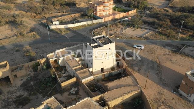 Aerial view of an old village with traditional mud houses, Asir province, Ahad Rufaidah, Saudi Arabia