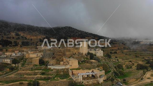 Aerial view of old houses built in stones in heritage village, Asir province, Al Olayan, Saudi Arabia