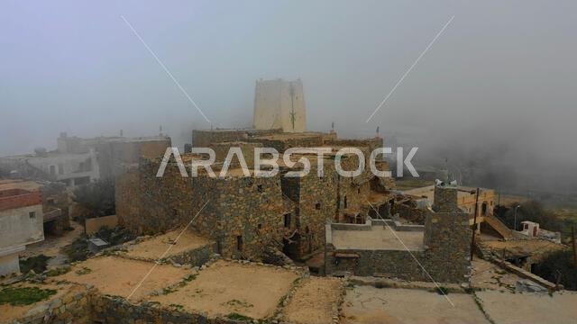 Aerial view of old houses built in stones in heritage village, Asir province, Al Olayan, Saudi Arabia