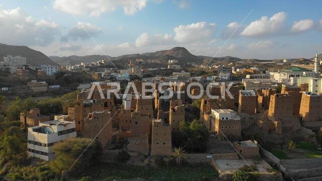 Aerial view of an old village with traditional mud houses, Asir province, Dhahran Al Janub, Saudi Arabia